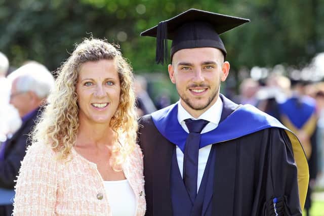 Sally Gunnell with her son, Finley, at his graduation in 2019. Photo by Derek Martin Photography