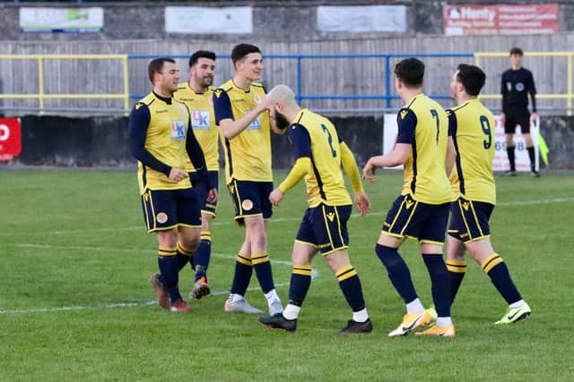Eastbourne Town celebrate one of the two goals that saw off the plucky Uckers / Picture: Joe Knight - Seaside Photography