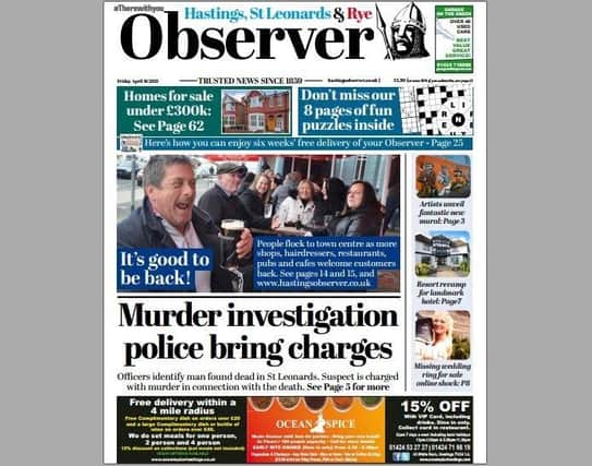 Today's front page of the Hastings and Rye Observer SUS-210415-132122001