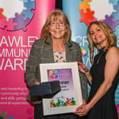 Maria Cook, Chair, Autism Support Crawley presents the 2019 Education award to Anne Woodburn from Bewbush Academy.  The 2020 winner was Katie Jordan from Oriel High School. Picture courtesy of Crawley Community Awards