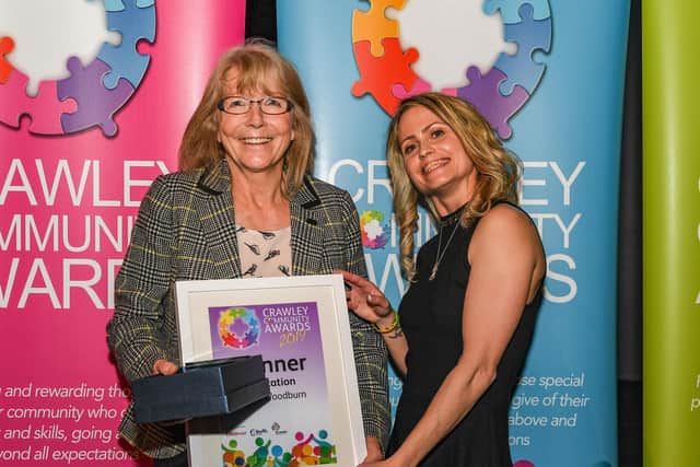 Maria Cook, Chair, Autism Support Crawley presents the 2019 Education award to Anne Woodburn from Bewbush Academy.  The 2020 winner was Katie Jordan from Oriel High School. Picture courtesy of Crawley Community Awards
