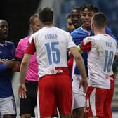 Glen Kamara of Rangers clashes with Ondrej Kudela of Slavia Prague during the  Europa League Round of 16 Second Leg match at Ibrox Stadium on March 18
