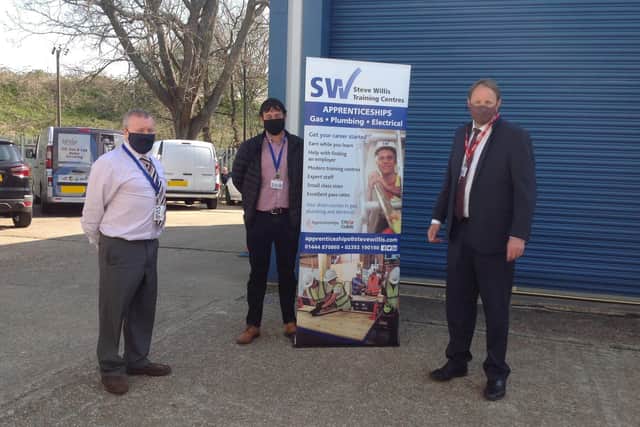 From left: Steve Willis, MD Steve Willis Training with Jake Gibbons, apprenticeships manager, Steve Willis Training, and Toby Perkins MP, shadow minister for apprenticeships and lifelong learning. Picture: Steve Willis Training