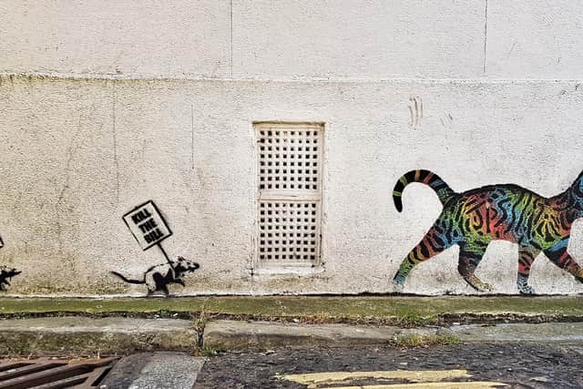 The two rats appear to be following the cat, painted by JPS in 2018