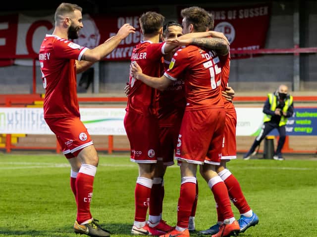 Crawley's player celebrate the only goal / Picture: Jamie Evans - UK Sports Images