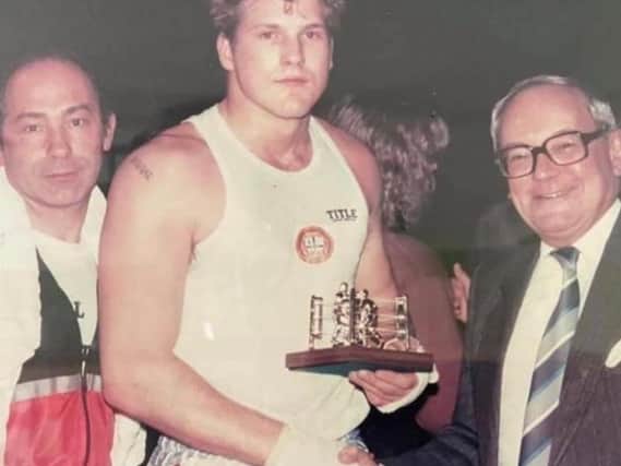 Dave Brown, left, with Scott Welch and boxing commentator Harry Carpenter