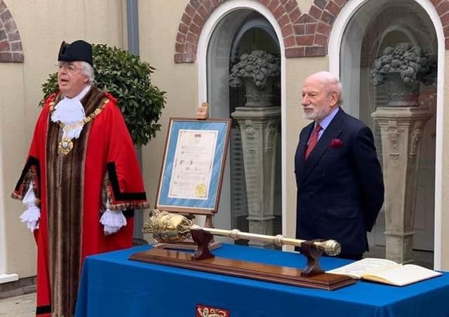 The Mayor of Chichester Richard Plowman granted the Freedom of the City to Phillip Jackson SUS-210421-180640001