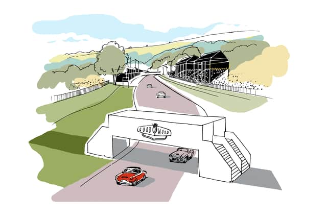 Illustration of the new viewing area at Madgwick Corner planned for this year’s Goodwood Revival (Credit: Lis Watkins) SUS-210421-165616001