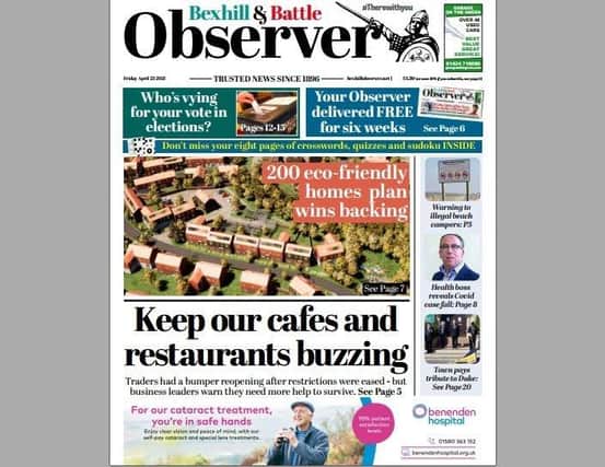 Today's front page of the Bexhill and Battle Observer SUS-210422-123738001