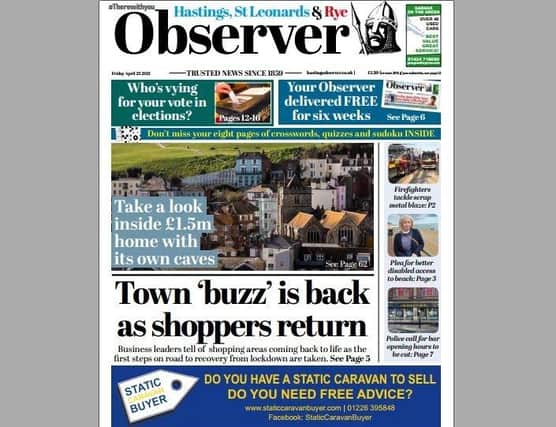 Today's front page of the Hastings and Rye Observer SUS-210422-123748001