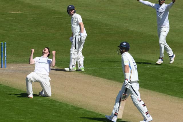George Garton is jubilant after dismissing England captain Joe Root / Picture: Getty