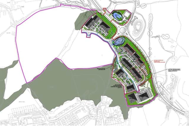 The location proposed for the industrial scheme. The main road shown is the new Haven Brook Avenue (North Bexhill Access Road), connecting via a roundabout in the bottom right corner to Combe Valley Way (the Bexhill-Hastings Link Road) SUS-210422-164427001