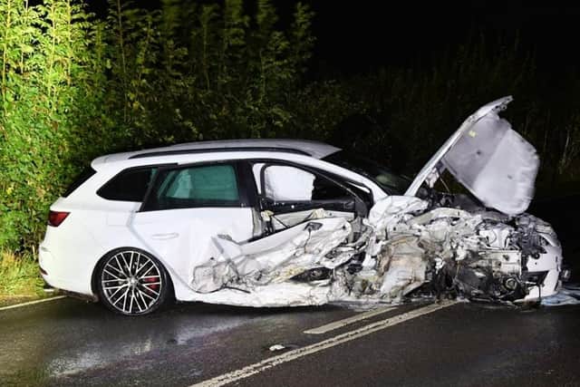 Leon Karaloucas' white Seat Leon Cupra after the crash. Photo supplied by Sussex Police SUS-210423-164457001