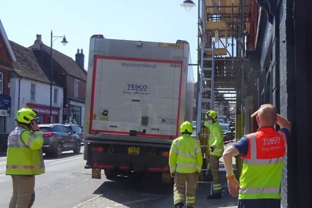 Midhurst firefighters came across a Tesco delivery lorry that had 'come into contact with some scaffolding' on North Street. Photo: The Midhurst Society