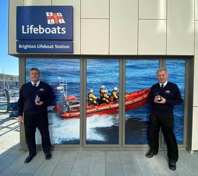 David and Richard with their RNLI Long Service Medal. Credit: RNLI/Jade Cohen