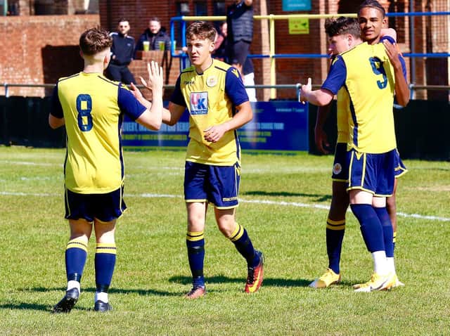 George Taggart celebrates his goal in Eastbourne Town's 2-0 win at home to Little Common on Saturday. Picture by Joe Knight