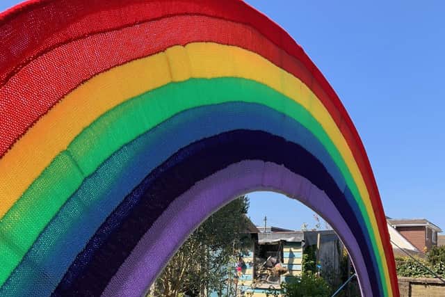 A team of 30 community knitters helped make the giant rainbow that is going on tour in Adur