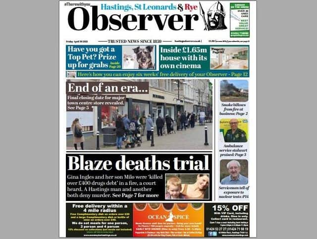 Today's front page of the Hastings and Rye Observer SUS-210429-124203001