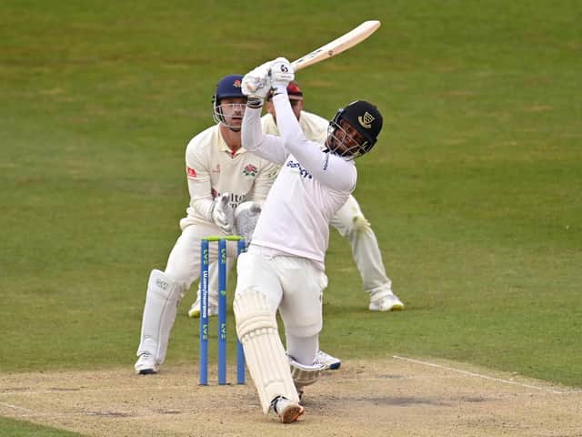 Delray Rawlins hits out on his way to 42 against Lancashire / Picture: Getty
