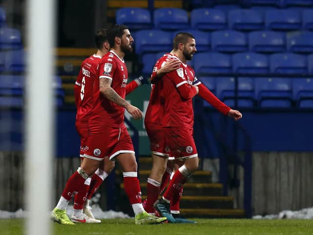 Captain George Francomb celebrates putting Crawley Town 1-0 up in their game at Bolton Wanderers in January. Picture by Chris Donnelly/MI News/NurPhoto via Getty Images