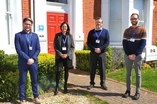 Suzie Abrahamson pictured with Antonio Amorim (left), Chris Williams and Conrad Bezuidenhout outside CES Worthing. Picture: Steve Robards