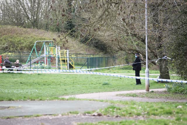 Police at the scene in Longcroft Park, Worthing. Picture by Eddie Mitchell