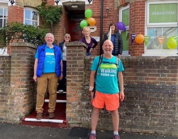 David Matthews from Doncaster, who is walking 6,000 miles to all 201 Samaritan branches in the UK, at the Horsham and Crawley branch SUS-210505-145735001