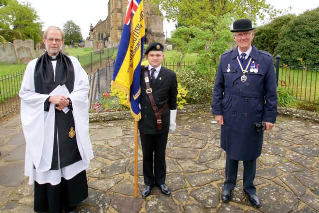Branch chaplain Reverend David Beal of St Marys Church, Billingshurst branch chairman and standard bearer Rob Nicholl and branch president, Colin Banks during the ceremony to mark 100 years of the Royal British Legion SUS-210517-114131001
