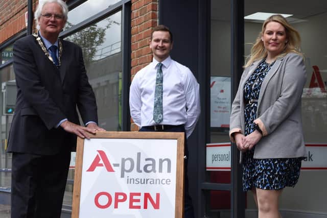 New mayor Howard Mundin attended the official opening of A Plan Insurance in Haywards Heath with Mid Sussex MP and minister for employment Mims Davies. Picture: Haywards Heath Town Council