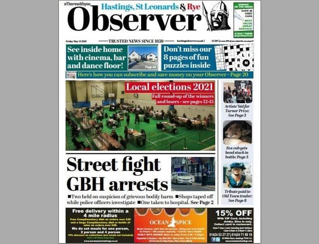 Today's front page of the Hastings and Rye Observer SUS-210513-121929001