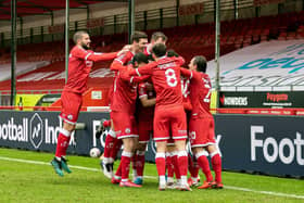 Crawley Town celebrate during their famous FA Cup win over Leeds United. Picture by Jamie Evans/UK Sports Images Ltd