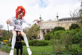 The giant puppet of David Bowie in the pavilion gardens. Photo by Simon Dack
