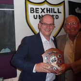 Bexhill United chairman Graham Cox, left, with the much-missed previous man in the role, Bill Harrison, who Graham has dedicated promotion to