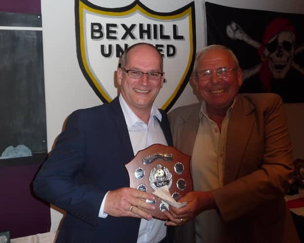 Bexhill United chairman Graham Cox, left, with the much-missed previous man in the role, Bill Harrison, who Graham has dedicated promotion to