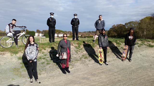 Lloyd Freeman and Daisy Battam from JumpClub BMX,  Robin White, Kyle Carter and Luke Barningham from Bexhill Skatepark Action Group, Linda Seddon from Heart of Sidley and Sgt Tansley and PCSO Winchester from Sussex Police. Picture: Rother District Council SUS-210519-135822001