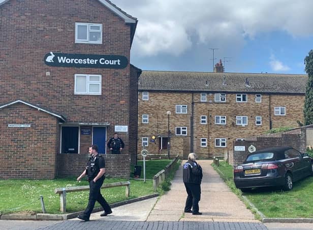 Police attend an incident at a block of flats in Langney. SUS-210519-121855001