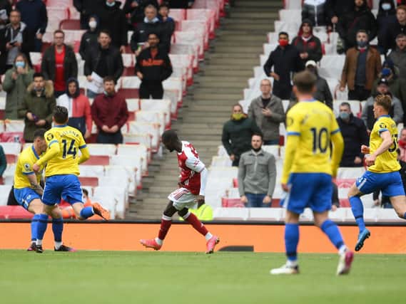 A second-half double by Nicolas Pepe has put the Gunners on course for a comfortable victory over the Seagulls. (Photo by Mike Hewitt/Getty Images)