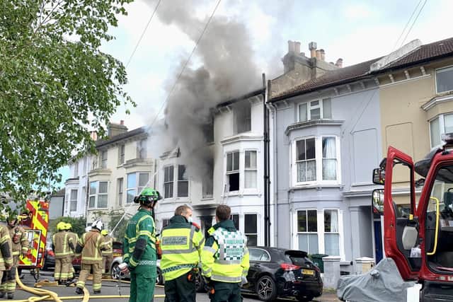 Crews were called to attend a fire on the first and second floors of a residential property on Shaftesbury Road, Brighton. Photo: Eddie Mitchell SUS-210525-085034001