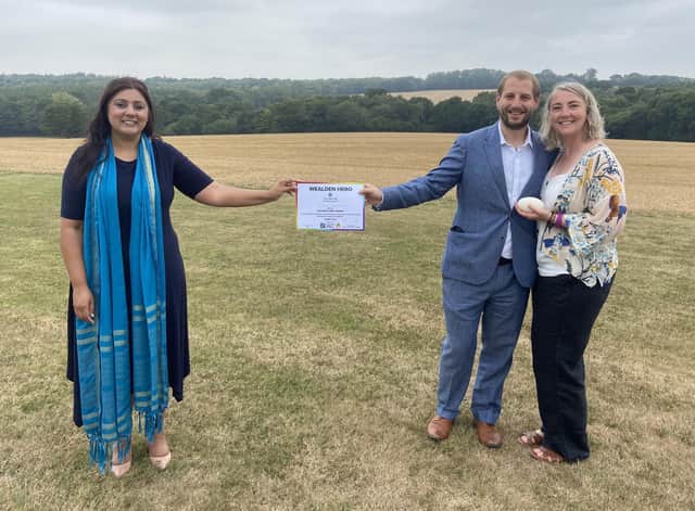 Wealden MP Nus Ghani awards English Soap Company with Wealden Hero Award 2020, owners Oliver Butts and Ailsa Cunningham SUS-200827-091008001