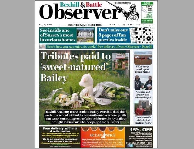 Today's front page of the Bexhill and Battle Observer SUS-210527-135320001