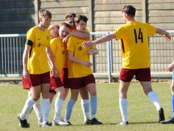 Storrington celebrate Aidan Crabb's goal in their 2-2 draw at Shoreham in the SCFL Division 1 Supplementary Shield. Picture by Stephen Goodger