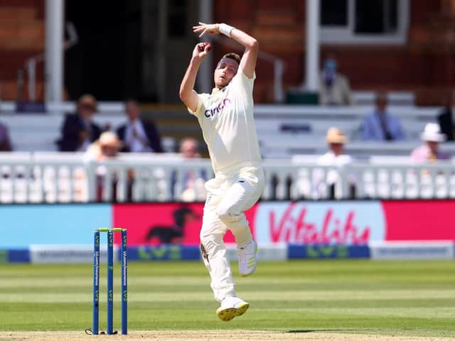 Ollie Robinson steams in at Lord's on his Test debut / Picture: Getty