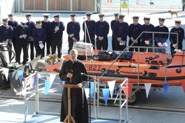 The dedication of the D class lifeboat by Father Andy Wilkes in October 2018. Picture: Kate Shemilt