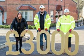CALA Homes sales adviser Maria Aspinall, senior site manager Alistair Campbell and site mananger Chris Cox announce the Community Bursary donations for West Sussex
