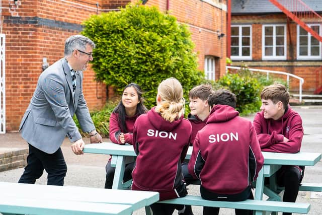 Headteacher Steven Jeffery with Our Lady of Sion students in Worthing