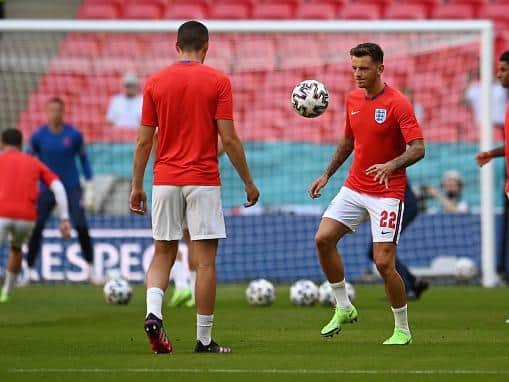 Brighton's Ben White warms up at Wembley ahead of England vs Croatia