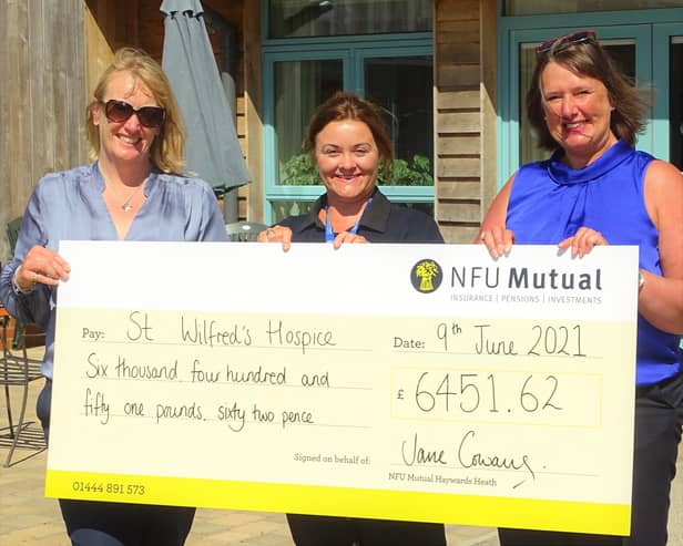 From left: Annie Streeter (NFU Mutual), Laura Eastwood 

(head of fundraising at St Wilfrids Hospice), and Jane 

Cowans (NFU Mutual). Picture: NFU Mutual SUS-210617-121322001