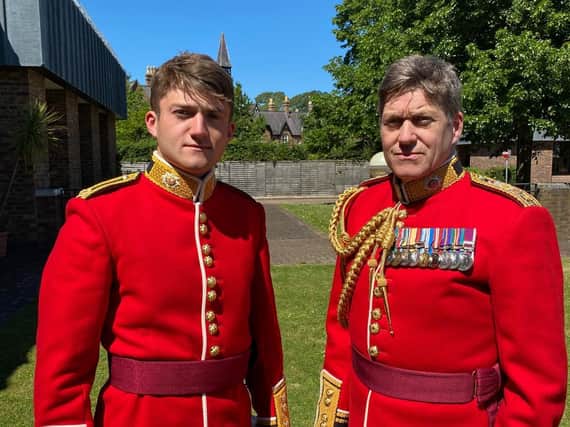 Colonel Jeremy Bagshaw (Right) with his son Second Lieutenant Henry Bagshaw, Coldstream Guards (left) dressed for the rehearsal for the Queen’s Birthday Parade
