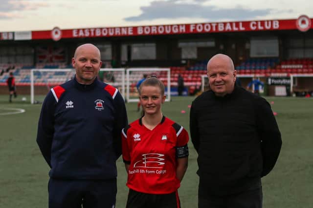 From left to right: Borough women's manager Richard Dyson, captain Ellie Schuetze, and Borough men's first team boss Danny Bloor