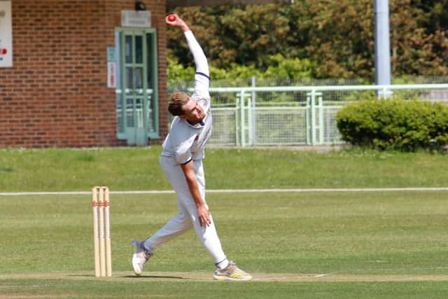 Adam Barton turns his arm over for Hastings Priory / Picture: Joe Knight